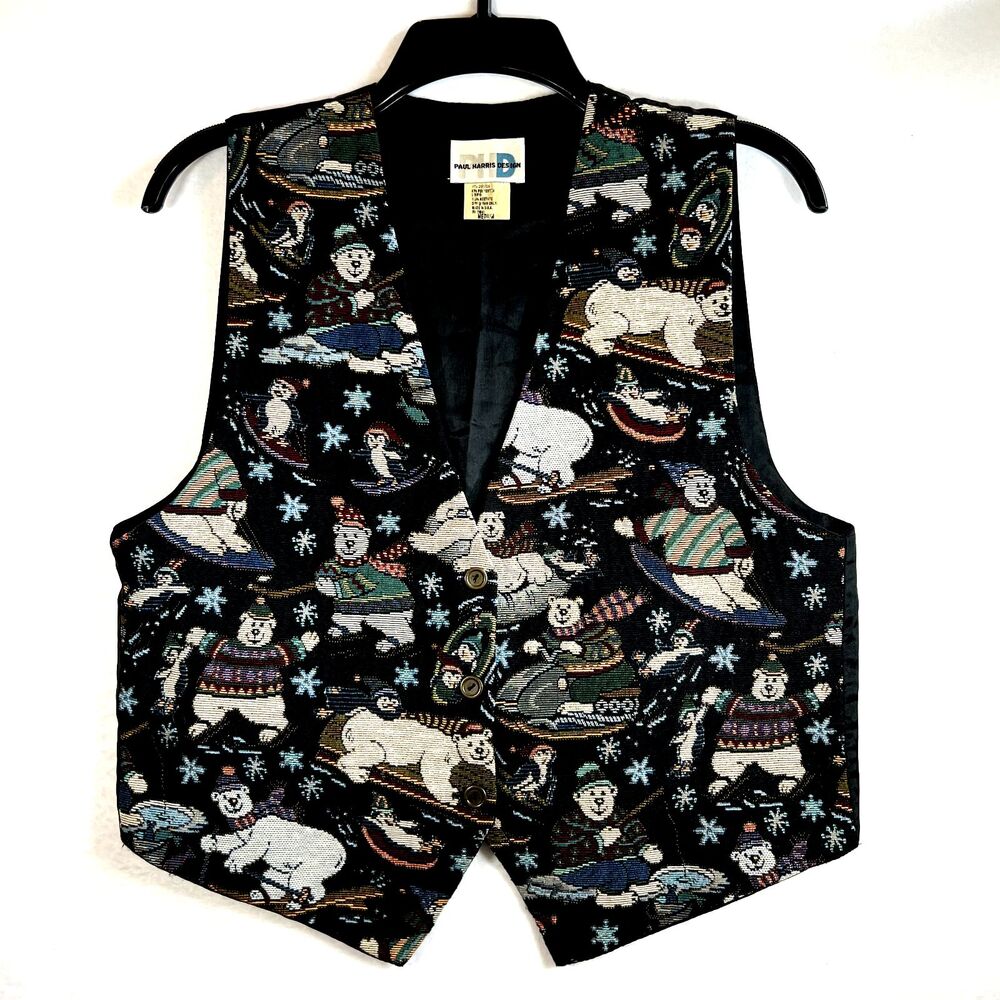 VTG Paul Harris Snowman Penguin Christmas Vest Womens Tapestry Y2K 80s 90s